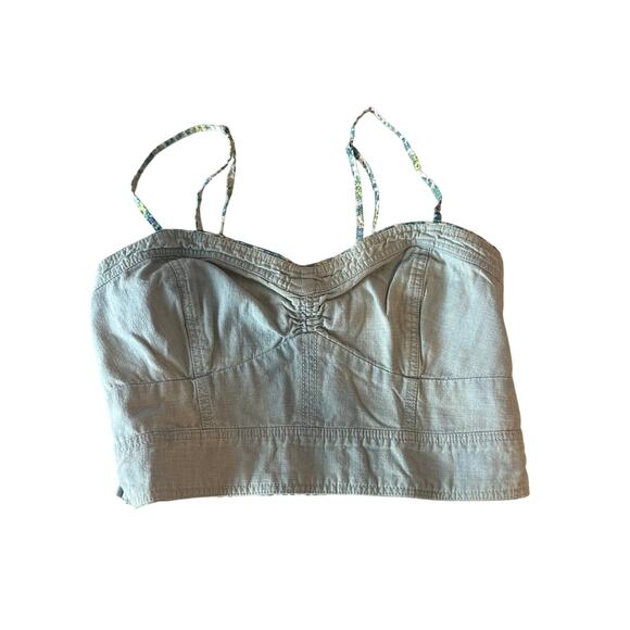 American Eagle Light Wash Denim Crop Top Bustier Size XS/S Ruched Floral - Picture 1 of 6